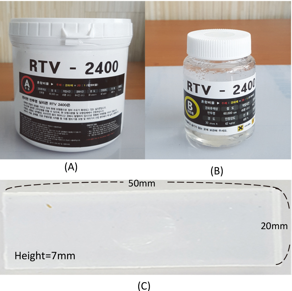Silicone Materials and Silicone Sample (A) RTV-2400 Silicone Materials (B) Hardener for Curing RTV-2400 Silicone Materials (C) Silicone Sample Width 50 mm, Height 20 mm, Height 7 mm.
