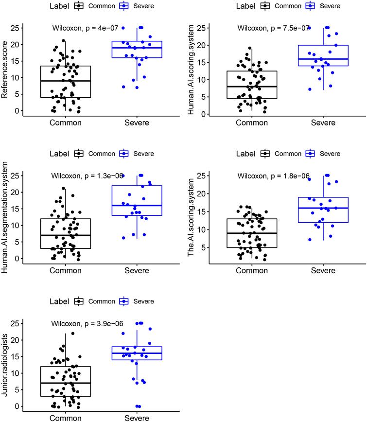 Scatterplot show the five scores’ distributions in terms of patients’ COVID-19 severity.