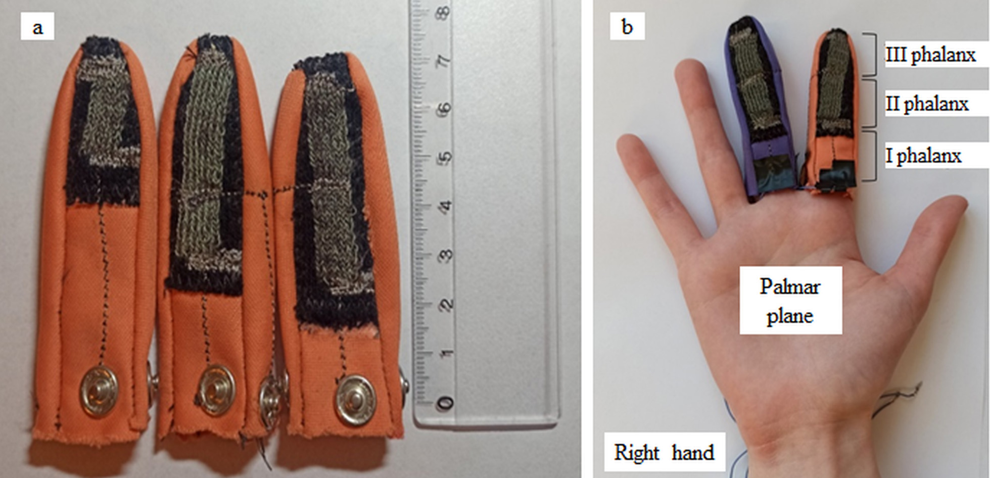Fingerstalls with one (left) and two (middle and right) textile pressure sensors (a); fingerstalls positioning over shooter’s hand (b).