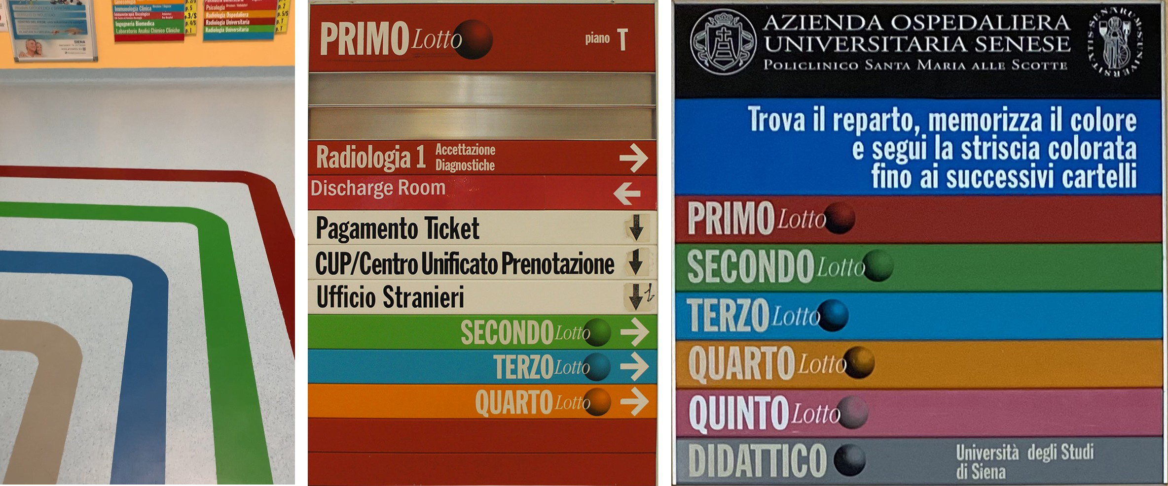 The hospital is provided with an elaborate signage system, making use of vertical and horizontal signs, consisting in coloured strips along the corridors, pointing the users to elevators and other points of interest.