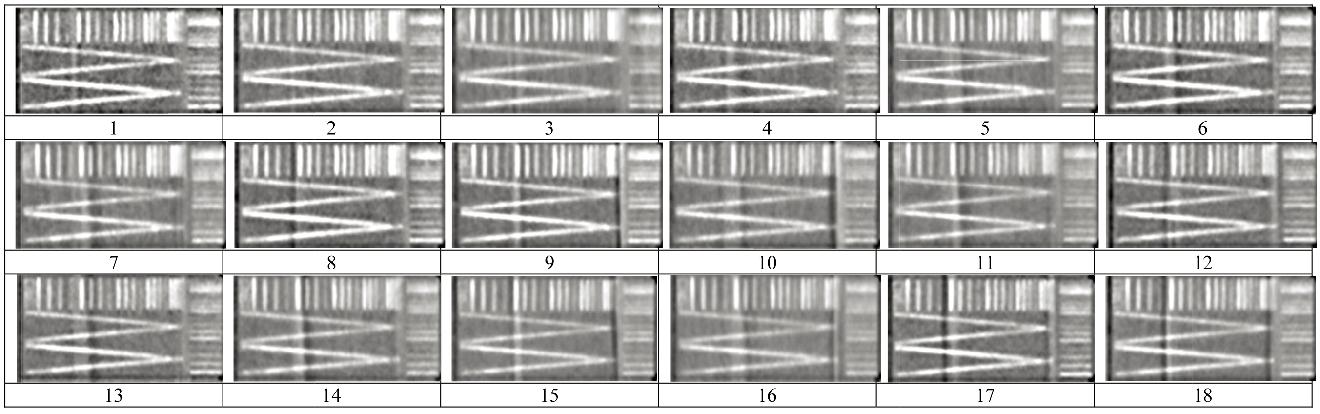 Typical V-shaped line gauge images from cardiac CTA scans of 18 groups in the 70 kg PMMA phantom. Since those obtained via 50 or 90 kg ones were quite similar, they were omitted for brevity.