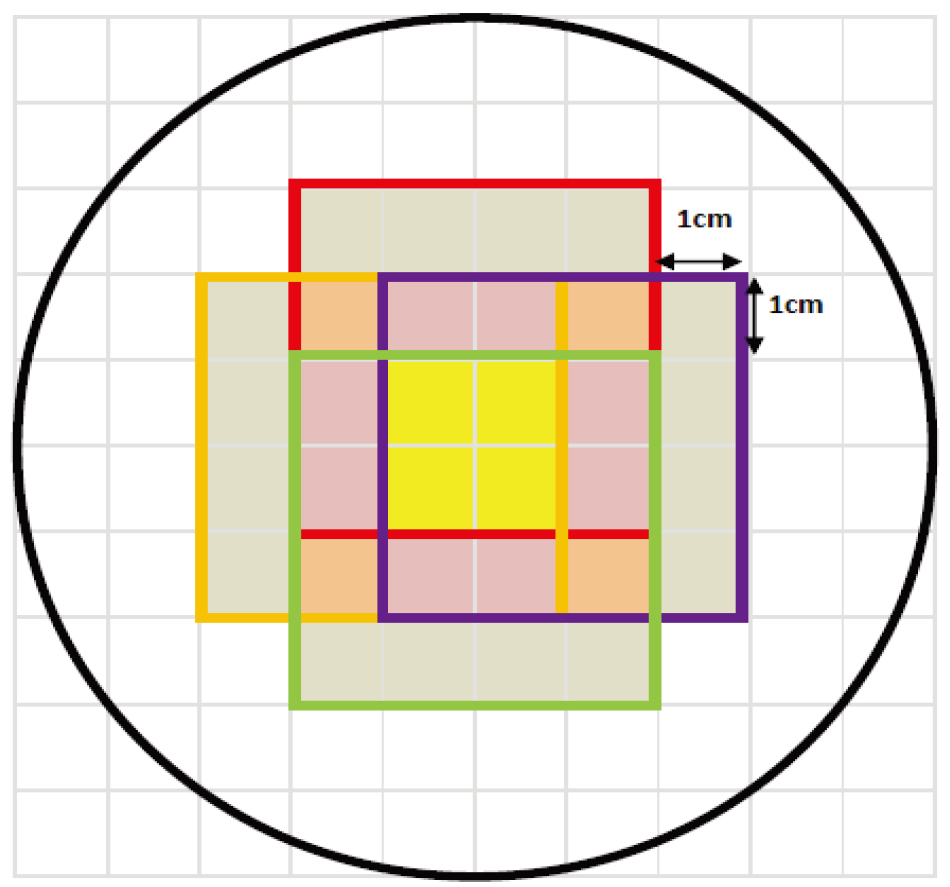 Predicted simulation graph of the concentric swing machine. From the predicted simulation result in the graph, it was found that dose was most concentrated in the yellow region due to the way the concentric swing machine was positioned, a cross-shaped dose region was formed, i.e., yellow plus purple region.