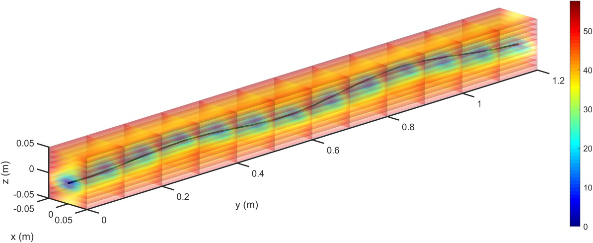 Force field in the three-dimensional space and the RT in a gait cycle. The HSV color scale encodes the force field in the workspace, and the unit of the scale is Newton (N).
