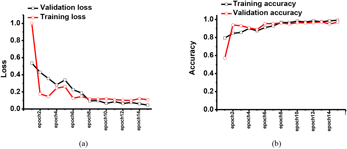 The simulated results of the (a) training and validation loss and (b) training and validation accuracy when using the second dataset in the eye exam platform.