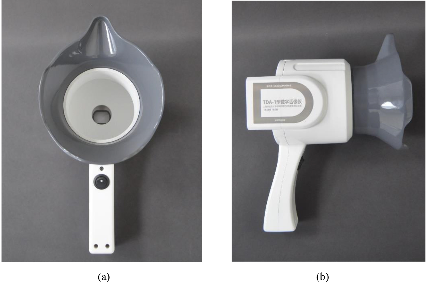 TDA-1 digital tongue diagnosis instrument: (a) front view; (b) profile view.