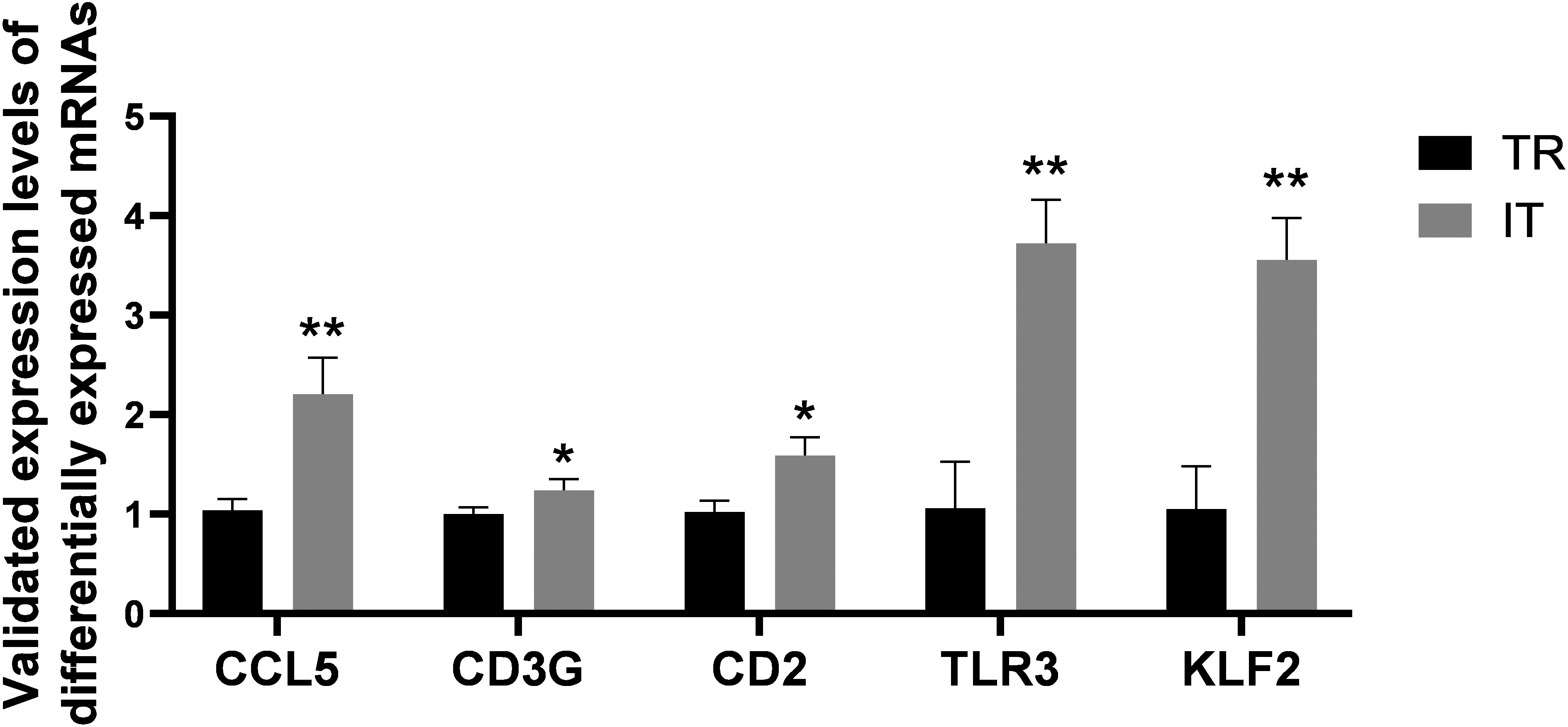 Validation of genes in FAP TR and IT tissues, including CCL5, CD3G, CD2, TLR3 and KLF2.