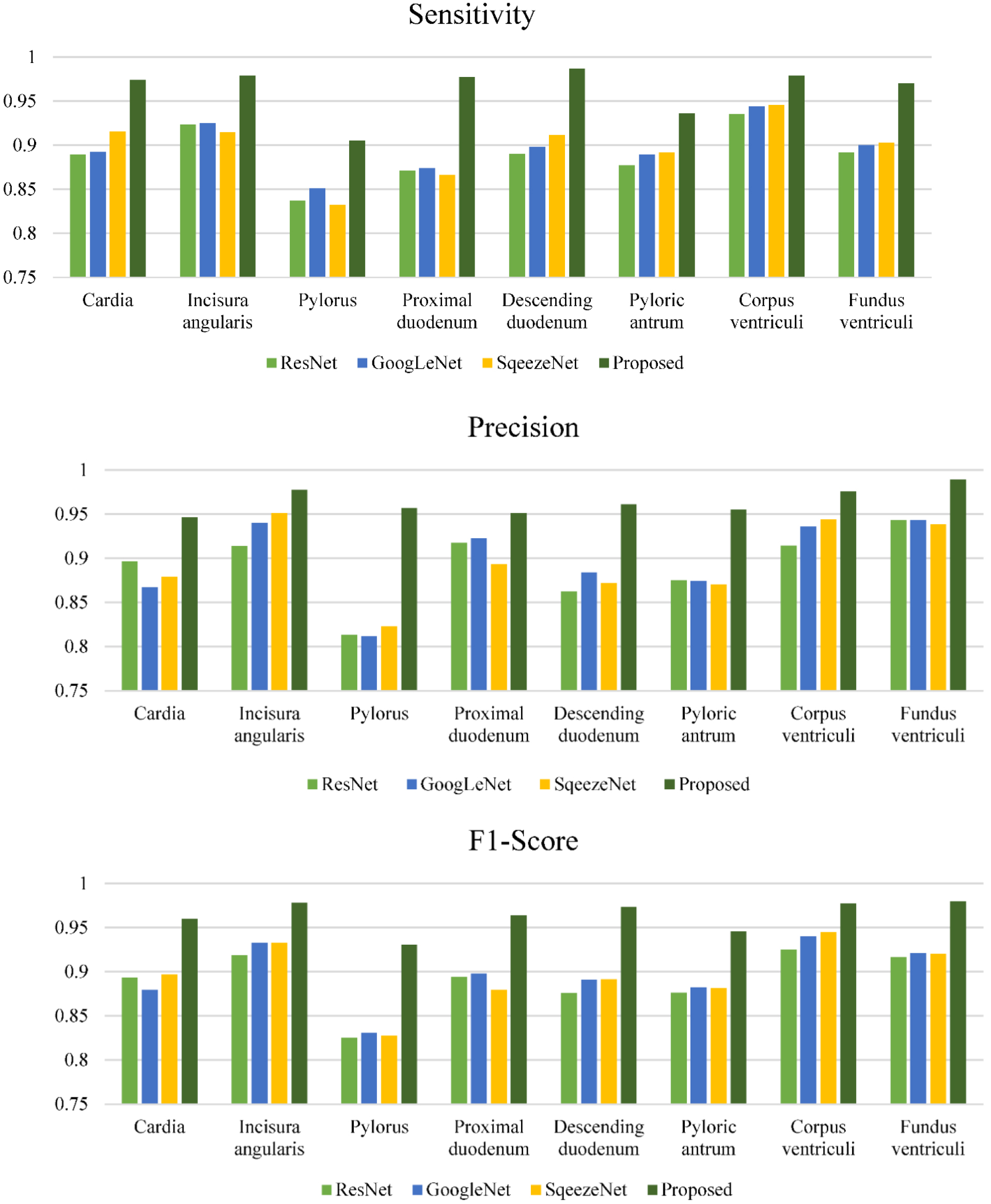 Performance comparison of each anatomical position category for different methods.