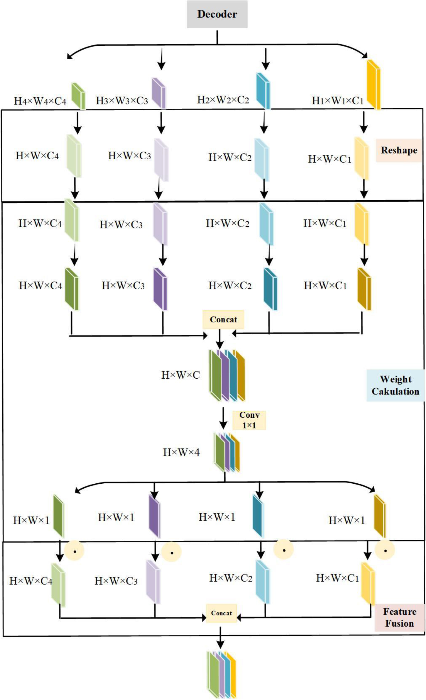 Schematic diagram of the structure of the RWF module. It mainly includes three steps of remodeling, weight calculation and feature fusion.