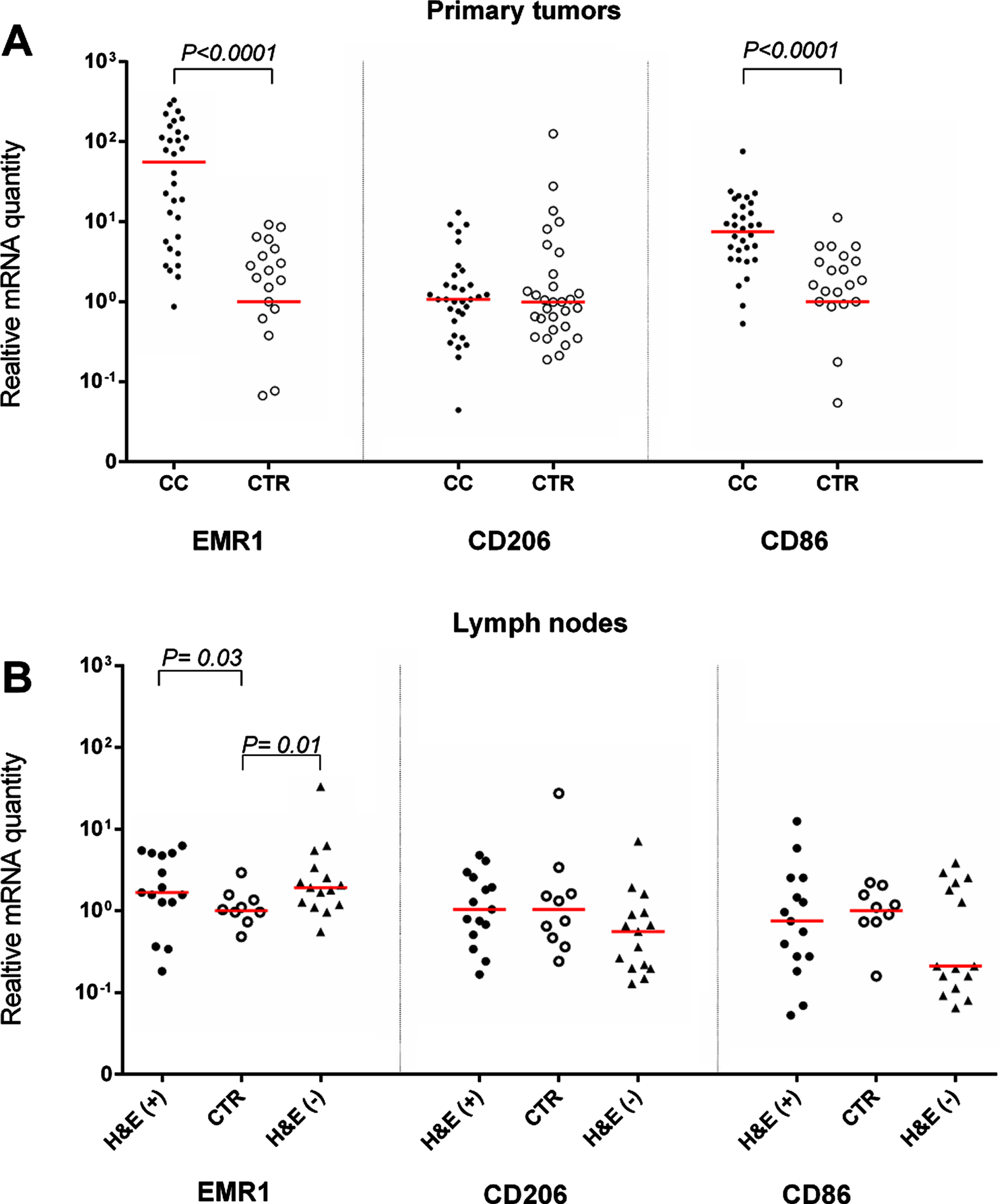 Levels of mRNA for EMR1, CD206 and CD86 in (A) primary tumor tissue of 32 CC patients (CC) compared to normal colon tissue (CTR; EMR1, n = 25; CD206 and CD86, n = 30) and (B) in metastatic lymph nodes of CC patients (H&E(+), n = 15), non-metastatic nodes of CC patients (H&E(–), n = 15) and nodes of control patients (CTR, n = 10). mRNA levels are given as relative quantity (RQ) calculated as described in the Materials and Methods section. Red horizontal lines indicate median values. P-values were calculated by two-tailed Mann-Whitney rank sum test.