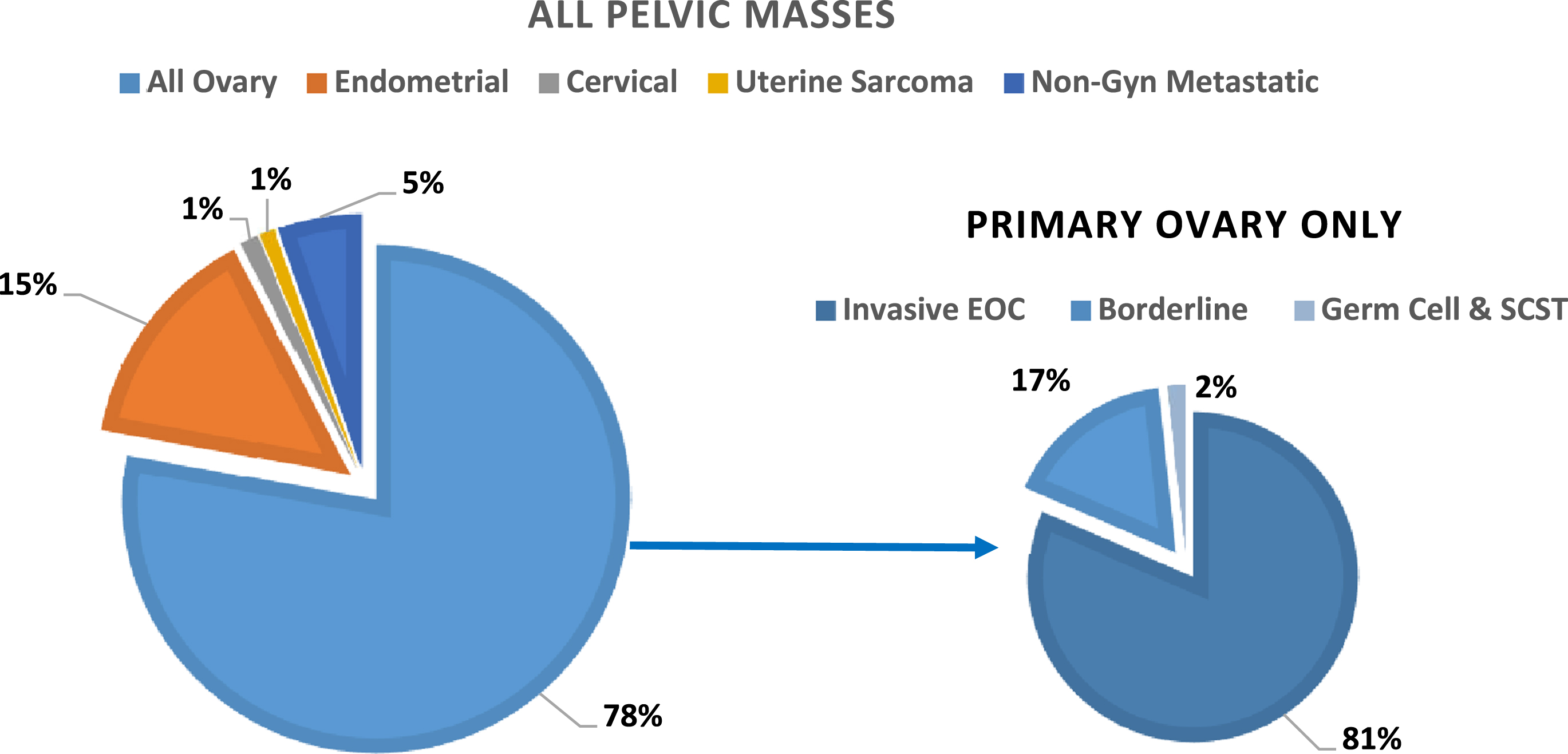 Distribution of cancer types as a percentage of all pelvic masses (n = 984).