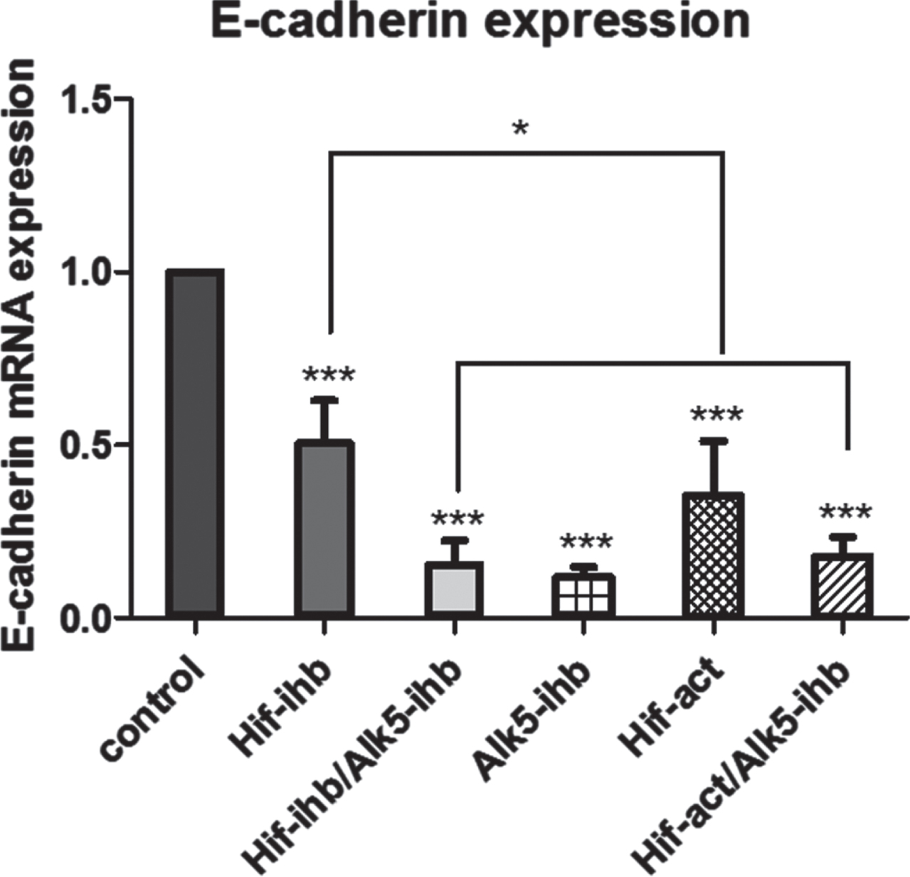 The effect of HIF-1α and ALK5 signaling pathways on E-cadherin expression in a mouse melanoma model. E-cadherin expression was significantly reduced in all treated groups compared with the control group (***p < 0.001). E-cadherin expression in the HIF-ihb group was higher than in the HIF-act group (*p < 0.05). Each bar represents mean±SEM. Alk5-ihb: ALK5 inhibitor, HIF-ihb: HIF-1α inhibitor, HIF-act: HIF-1α activator.