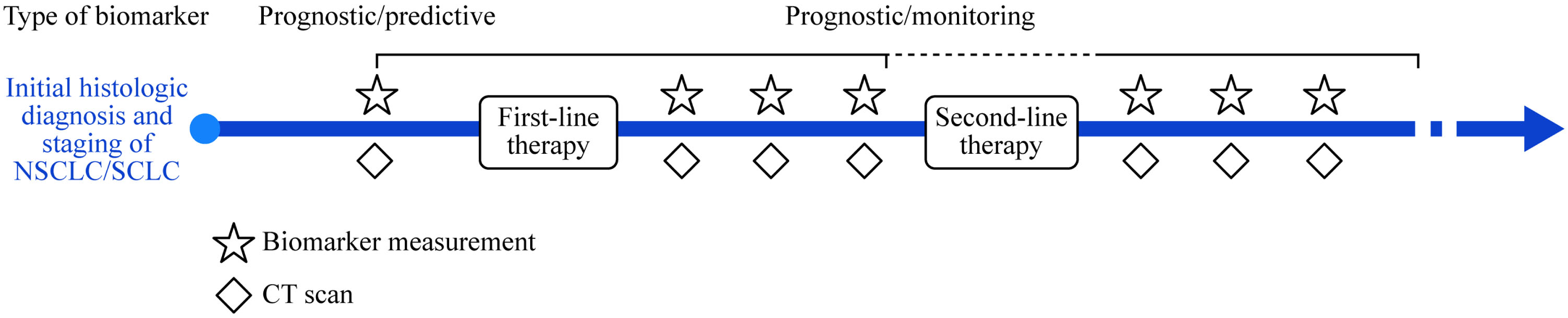 Summary of predictive, prognostic, and monitoring STMs for lung cancer. Biomarkers may have multiple clinical applications during the course of the disease, depending on the timing of the test and the exact measurements and comparisons that are to be made. The arrow represents the time from initial histologic diagnosis and staging in arbitrary units. CT: computed tomography, NSCLC: non-small cell lung cancer, SCLC: small cell lung cancer, STMs: serum tumor markers.