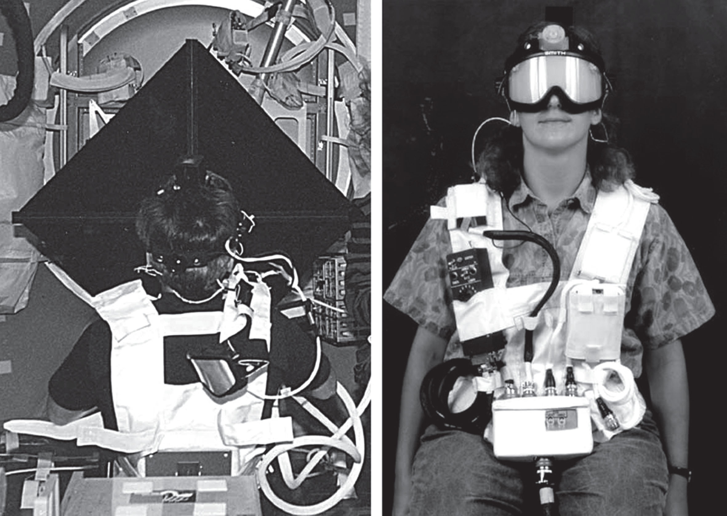 Left. Photograph showing a crewmember performing the experiment on board the Space Shuttle. The rate sensors housing unit is seen on the top of subject’s head. Directly in front of the subject is the cruciform target display used for head and eye calibrations, and for the presentation of the central target during head oscillations. Right. Photograph showing the head-mounted laser for head position calibration and the goggles that can occlude the subject’s vision. The black box is the controller used by the operator to control the visual display, the goggles occluding, and the cassette tape recorder that plays the frequency-modulated tones used for pacing the head oscillations. Photos credit: NASA.