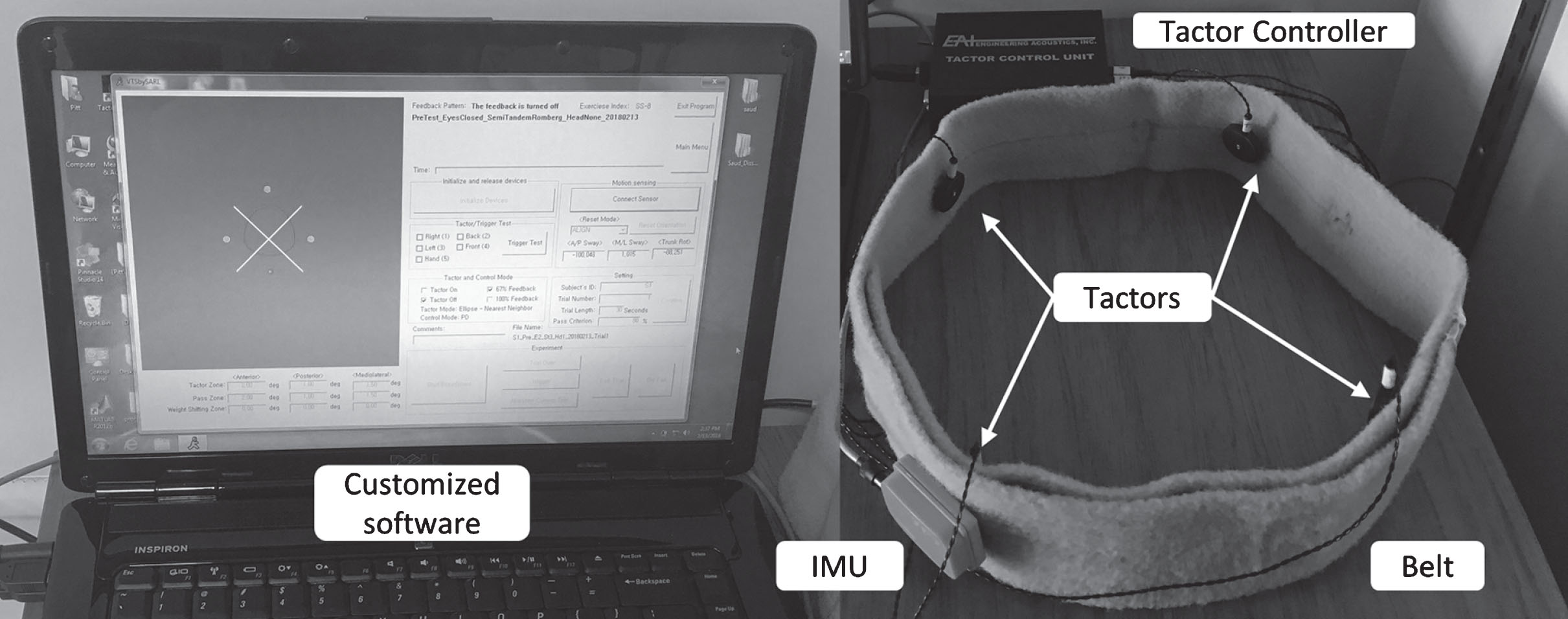 The customized sensory augmentation device included an IMU, four C-2 tactors, a tactor controller unit, a belt, a laptop, and customized software.