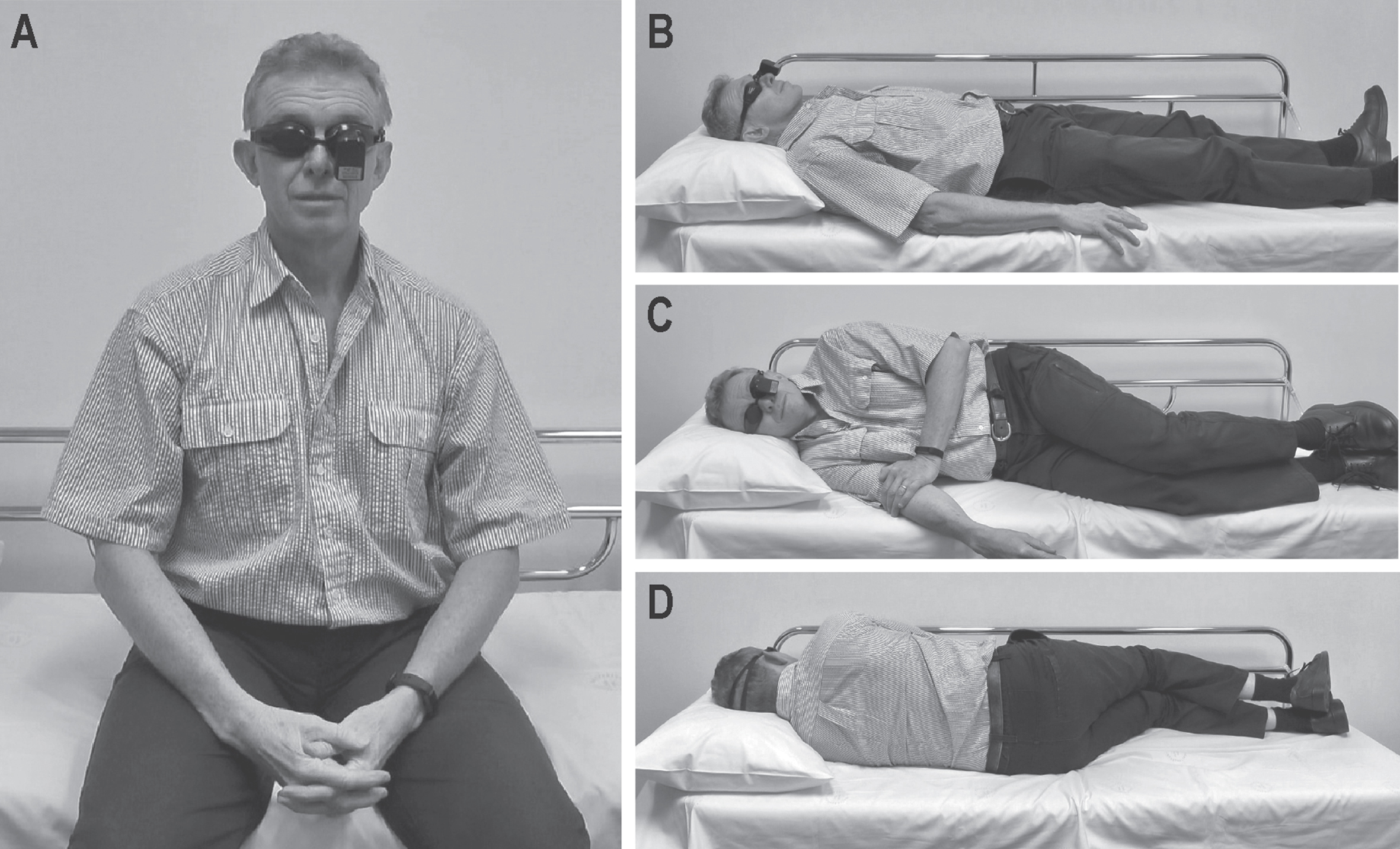 Positions conducted during video-oculography; A) sitting upright, B) supine, C) right-lateral, and D) left-lateral.