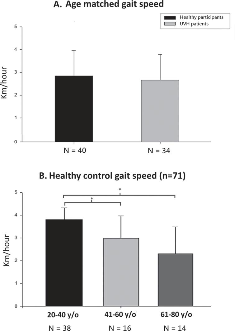 Gait speed as a function during the gsDVAw test. A). Age-matching revealed no difference with UVH patients in gait speed completing the gsDVAw test. B). Gait speed reduced as age increased among different age groups. * represents p < 0.01.