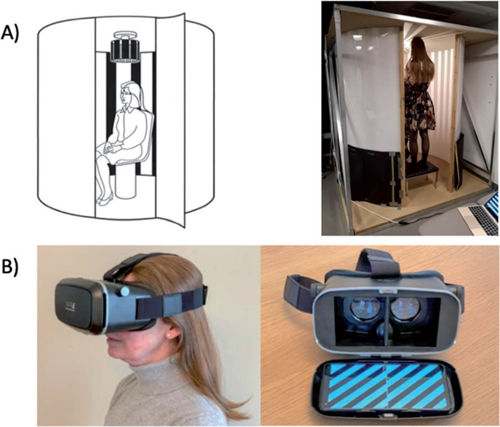 A) OKN booth and B) MdDS Reset virtual reality application, used for the OKN treatment in MdDS patients