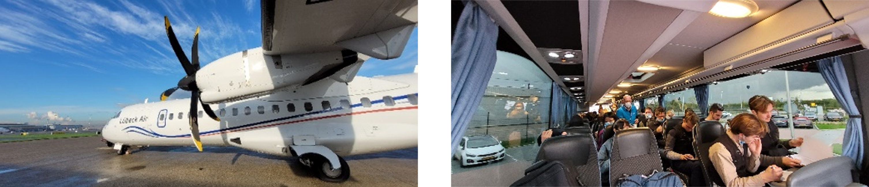 Left: The ATR72-500 plane from Lubeck Air, Right: Participants on the way from the airport with Jacket.