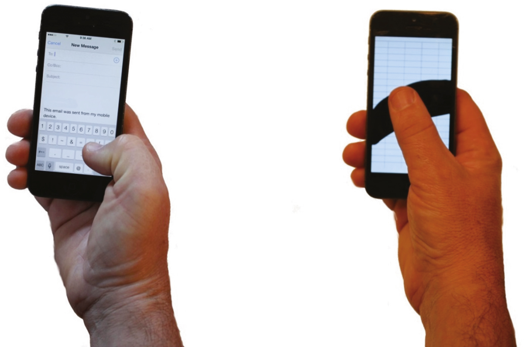 When icons and buttons are located near the base of the thumb the thumb takes on a non-neutral posture (left photo) whereas when icons and buttons are placed along an arc as noted by the black area in the figure on the right the thumb posture takes on a more neutral posture. The phone on the right is displaying an image of the optimal area for thumb reach as described by Otten et al. [46]