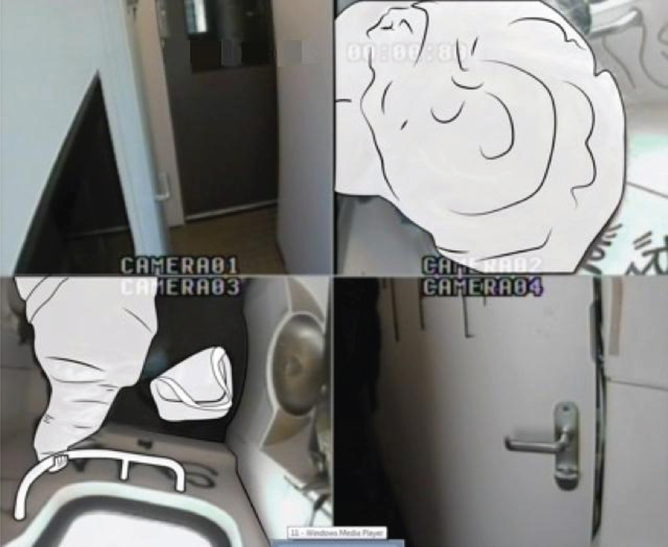 Four camera viewpoints, and bag in the small train toilet.
