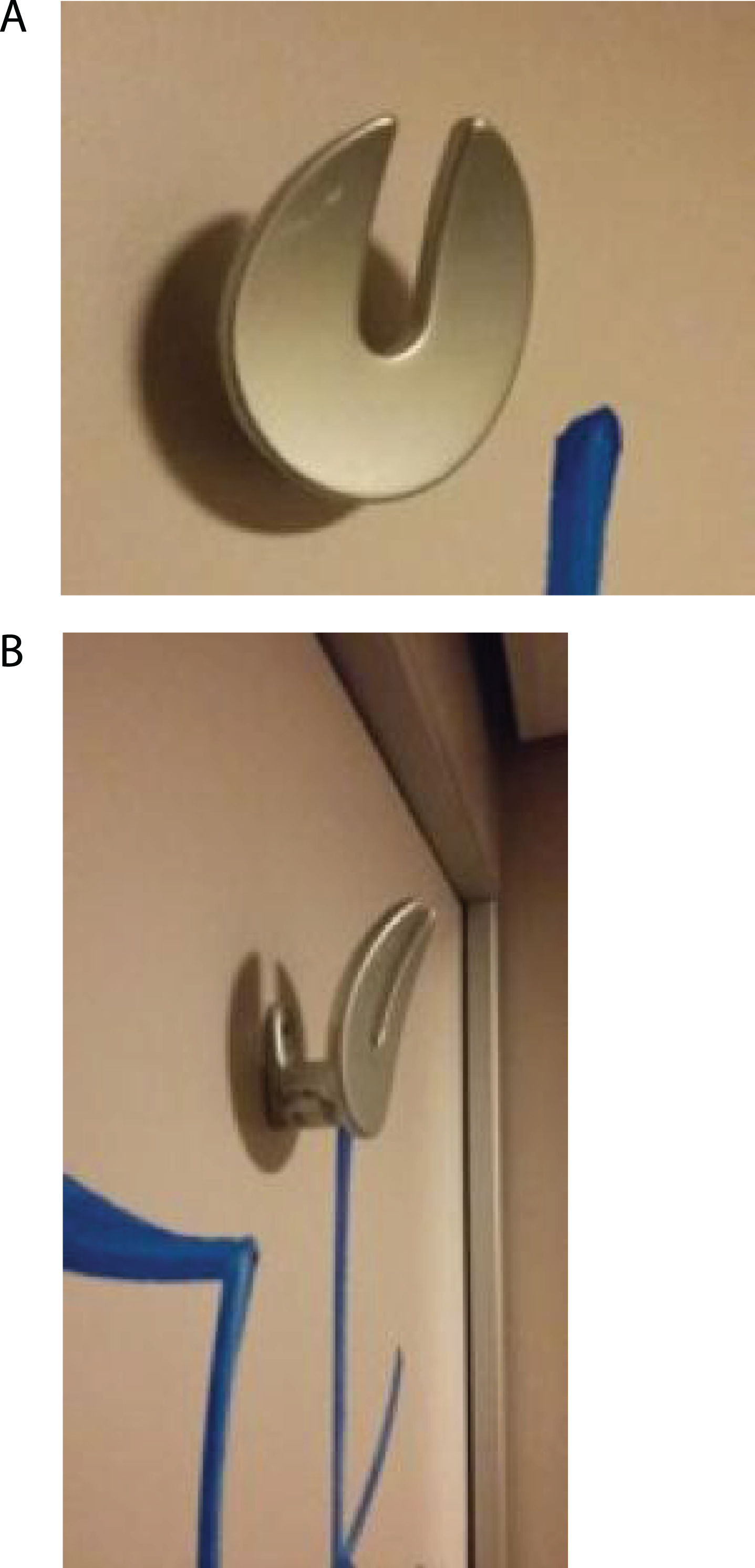 (A, B) Current hook in the train toilet.