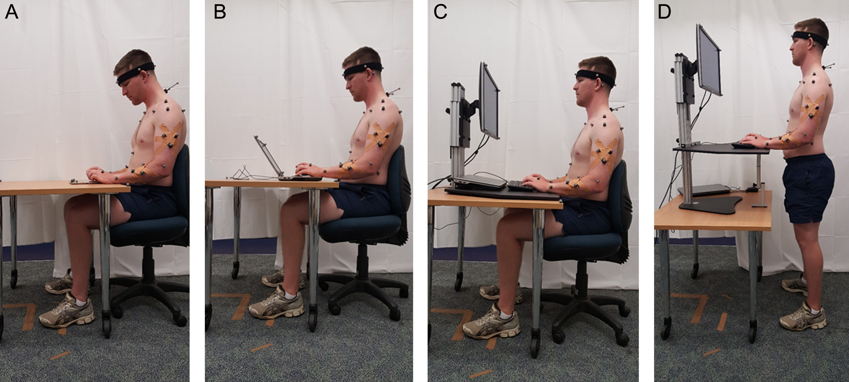 Device placement for each experimental condition: (A) tablet, (B) laptop, (C) desktop, sitting, and (D) desktop, standing, with retro-reflective marker configuration.
