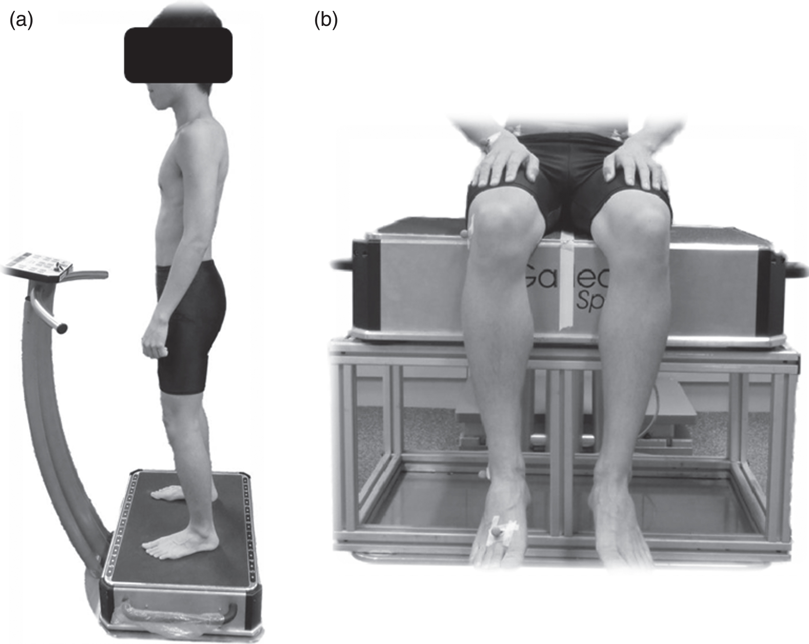 Subject under whole body vibration in (a) standing and (b) seated postures.