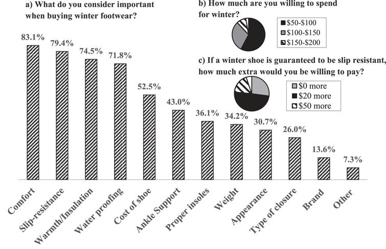 Features considered important by PSWs when buying winter footwear. Participants were able to select multiple categories hence proportions may not add up to 100%.