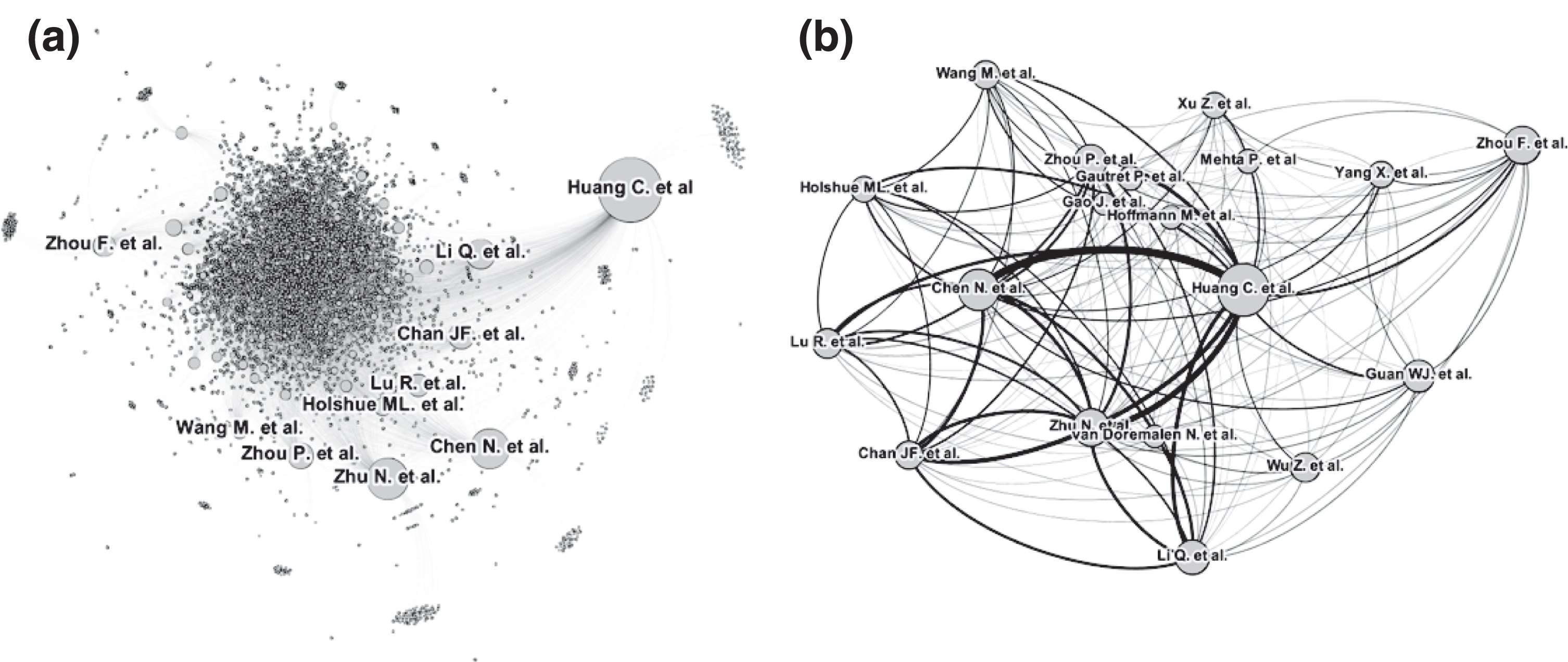 (a) COVID-19 PMC citation network graph, (b) COVID-19 PMC co-citation network graph. Graphs are in force atlas 2 layout. (a) COVID-19 PMC citation network is a directed network with 6,650 articles (nodes) and 25,095 citations (edges). Each circle represent an article, each arch represents a citation, and diameter of circle represents number of citation in citation network. (b) COVID-19 PMC co-citation network is an undirected network. The main article cluster (connected component) consist of 2,811 nodes and 78,844 edges. Graph is filtered to represent 19 major articles in PMC co-citation network (co-citation degree ≥ 600). Each circle represent an article, each arch represents a co-citation relation, thickness of edges represents co-citation frequencies.