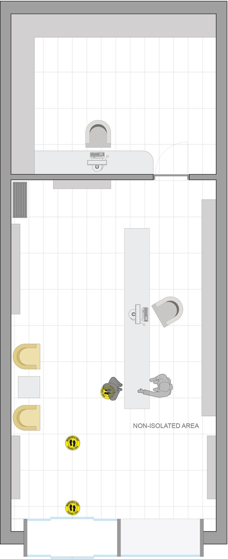 Plan view of the workplace without protection (the open areas are prone to contamination).