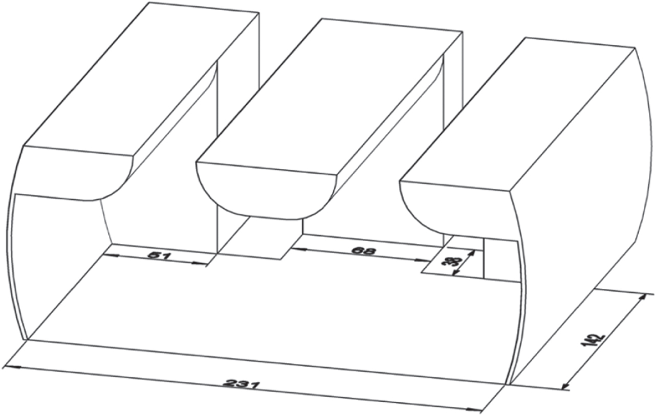 3D drawing of cabin section between first class and economy class of Boeing 777 discussed in this study (unit: inch).