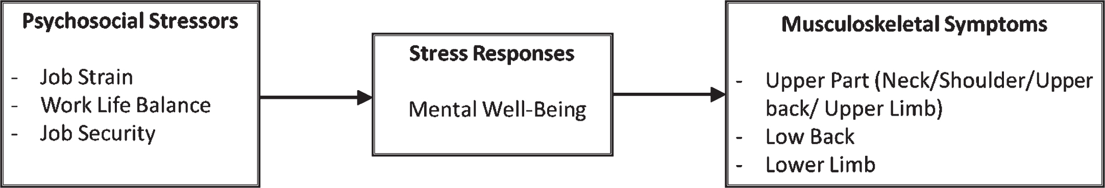 Conceptual model linking between psychosocial stressors and musculoskeletal symptoms through psychological well-being.