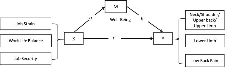 Statistical model for the association of psychosocial risk factors, well-being, and musculoskeletal complaints. Path a = association between each independent variable (X) and a mediator (M) well-being. Path b = association between M and each musculoskeletal region pain (Y); Path c’=direct effect, association between each X and outcome Y.
