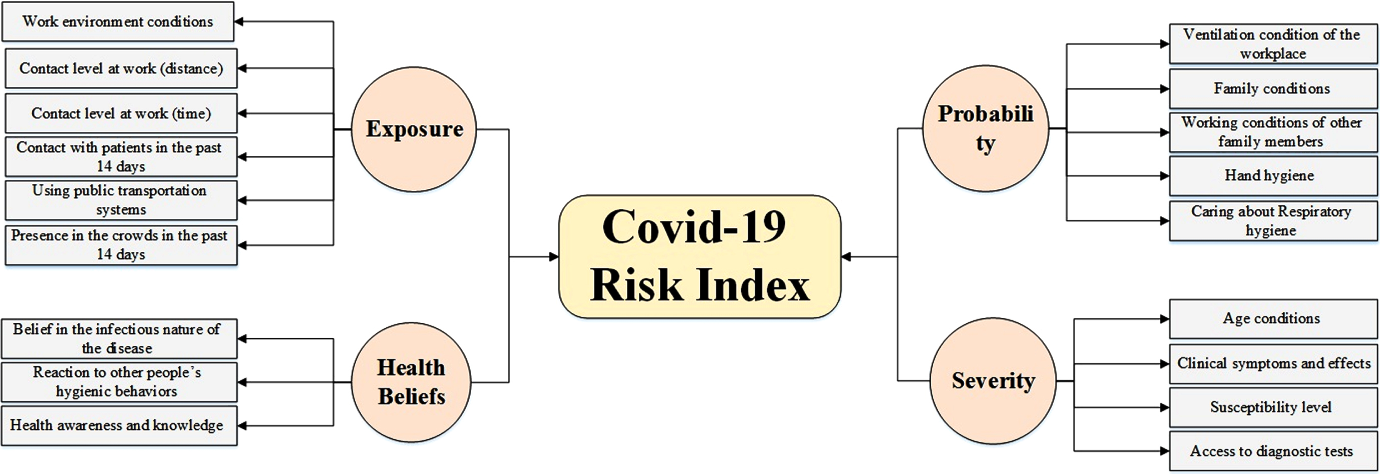 The hierarchy of components and factors affecting COVID-19 risk.