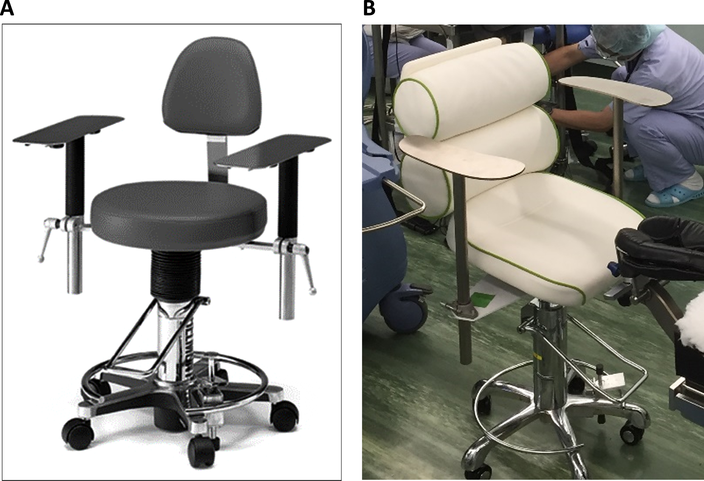 (A) Conventional chair used in the operating room. (B) Prototype chair.