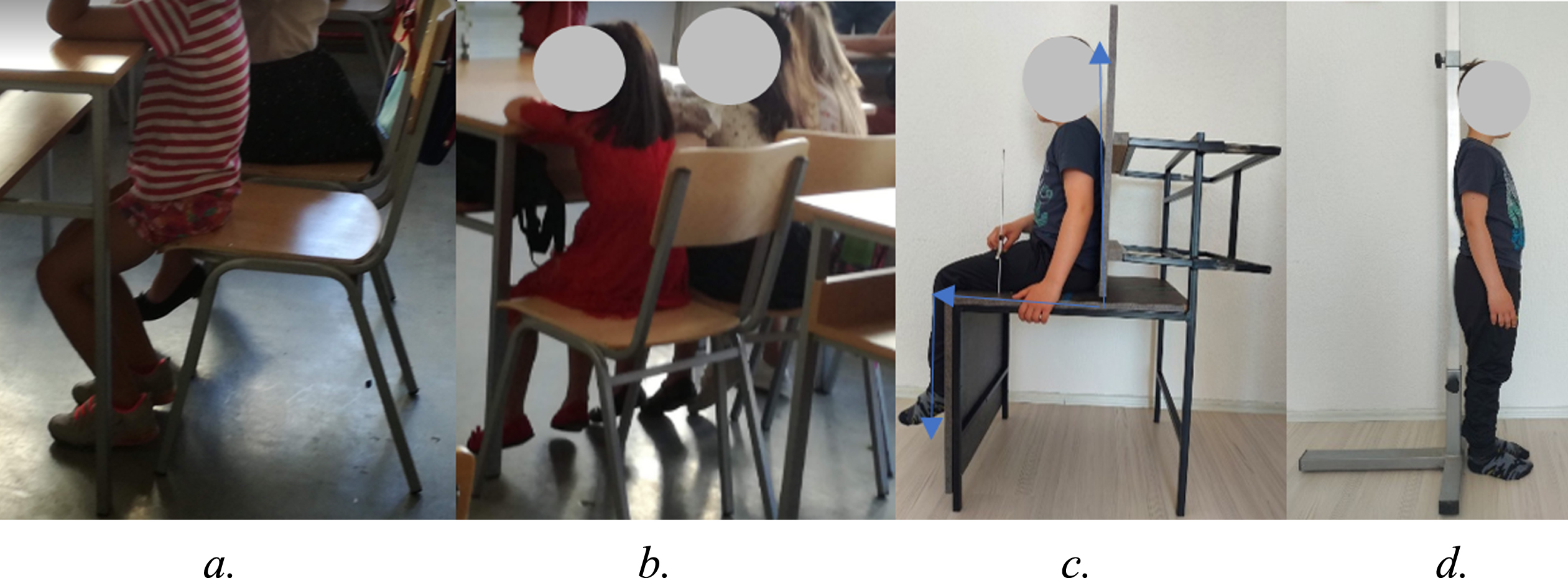 a. and b. Classroom’s furniture, c. and d. Process of measurements.