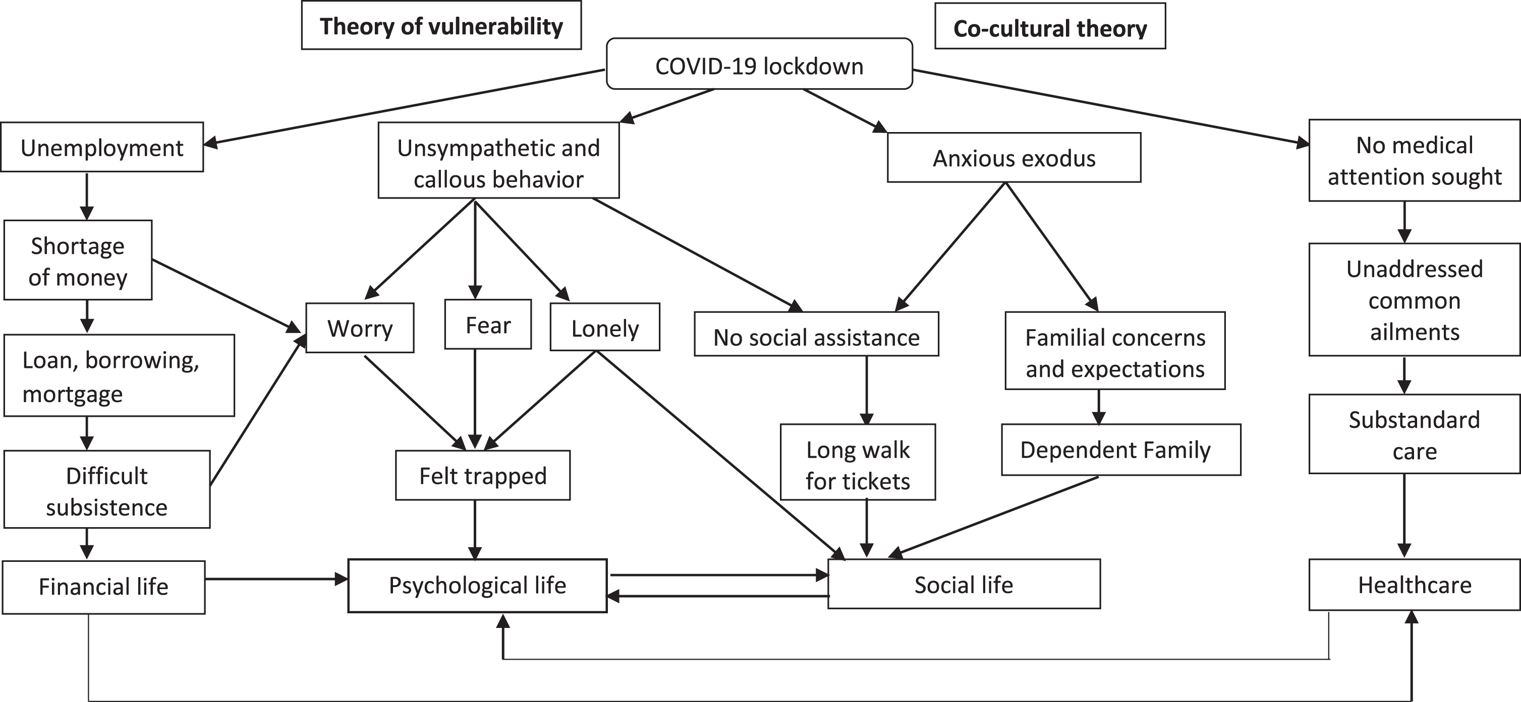 Co-cultural theory and theory of vulnerability explaining perceptions of migrant construction-site workers regarding the consequences of the COVID-19 lockdown.