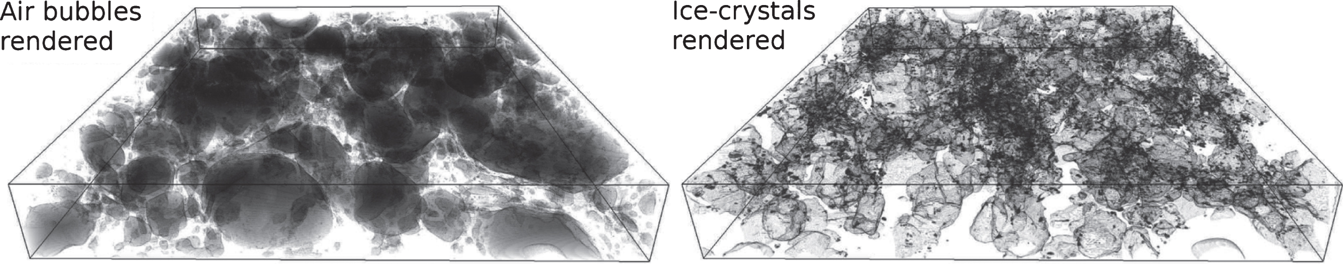 Rendered sub-volumes after segmentation for air bubbles (left) and ice-crystals (right).