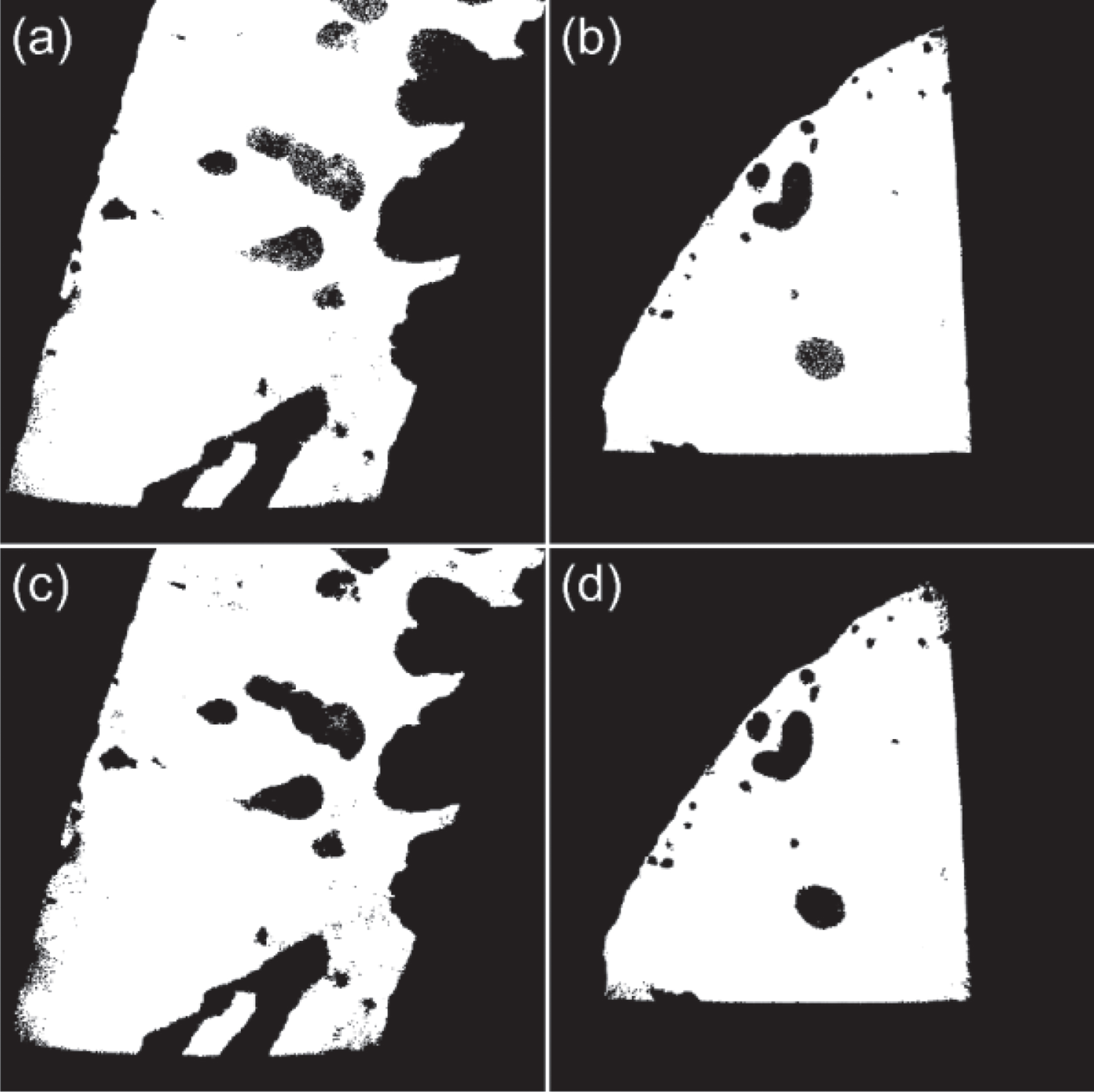 Otsu (a, b), and MRF segmentation (c, d) results for CT images in Fig. 6 (a) and (b).