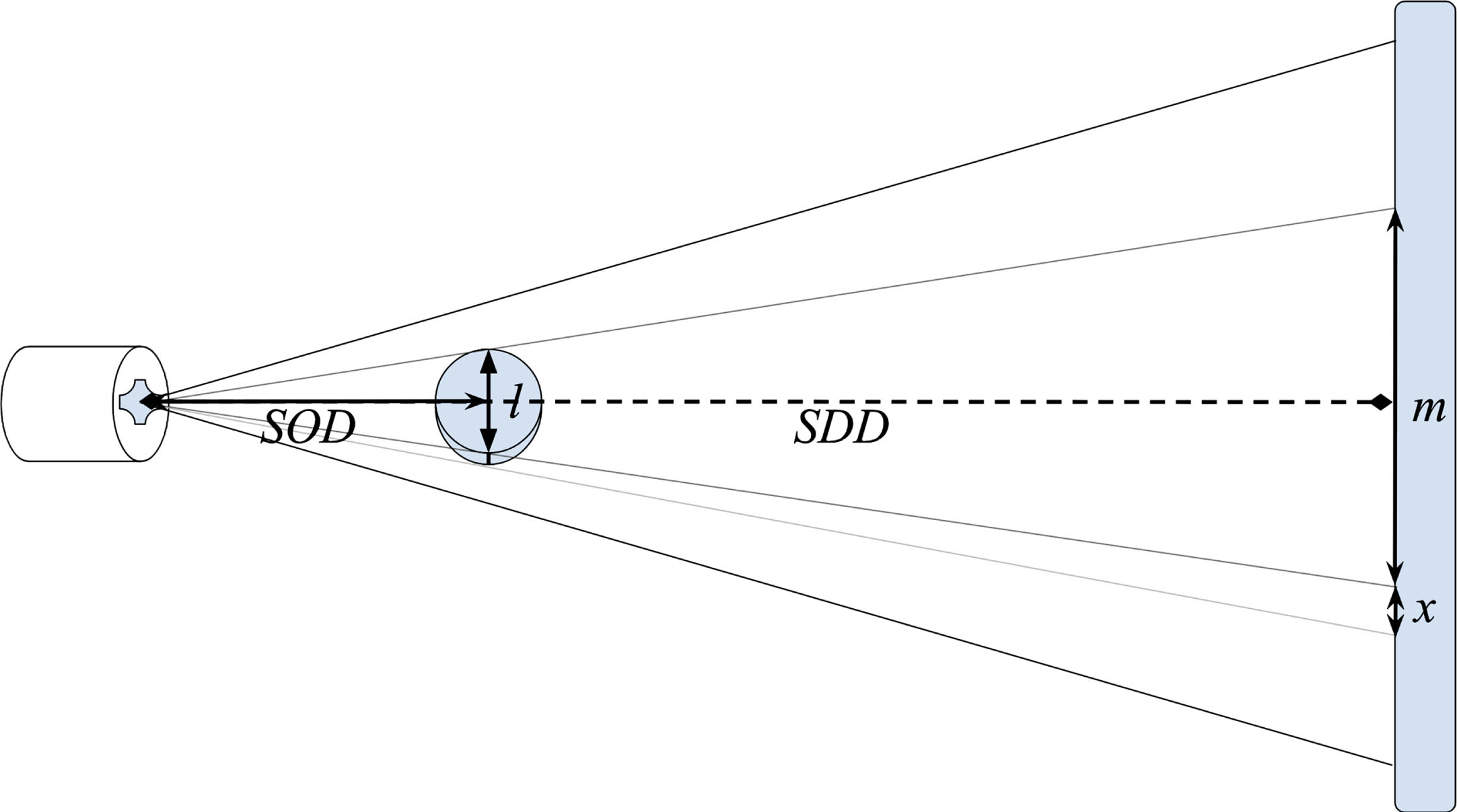Schematic dimensional relation between the target, the specimen and its projection on the panel.